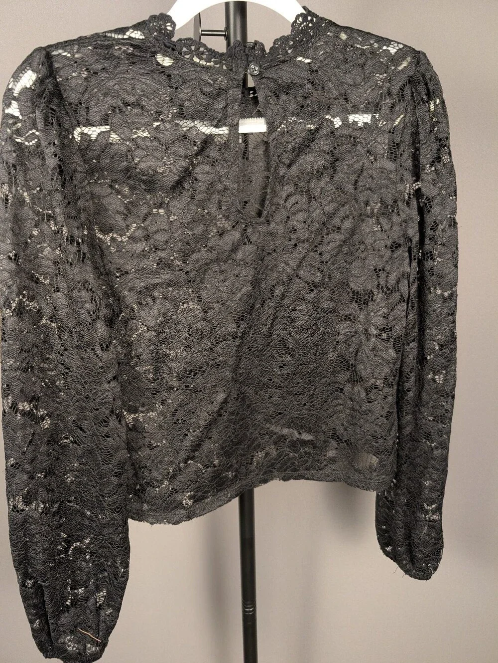 Black Cable Knit Crochet Openwork Cardigan Sweater Large A363